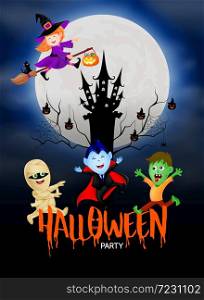 Funny cute cartoon character. witch, count dracula, zombie and mummy in moon night. happy Halloween concept. Design for banner, poster, greeting card. Illustration.