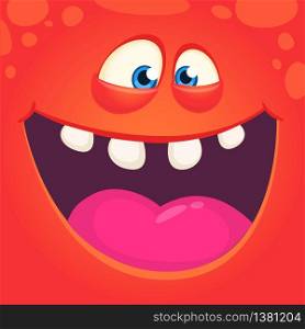 Funny cute cartoon monster face. Vector Halloween red monster with wide mouth laughing