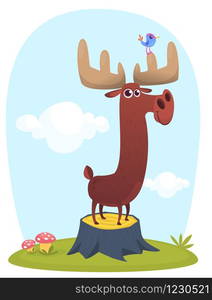 Funny cute cartoon moose character standing on the meadow background with a gras mushroom and flowers. Vector moose illustration isolated.