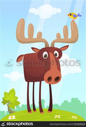 Funny cute cartoon moose character standing on the meadow background with a gras mushroom and flowers. Vector moose illustration isolated.