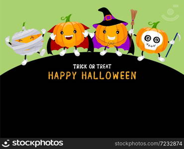 Funny cute cartoon pumpkin character as witch, skull, Dracula and mummy. Trick or treat, happy Halloween concept. Design for banner, poster, greeting card. Illustration.