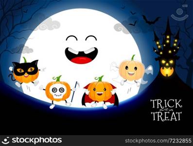 Funny cute cartoon pumpkin character. Dracula, ghost, black cat and skull in moon night background. Trick or treat, happy Halloween concept. Design for banner, poster, greeting card. Illustration.