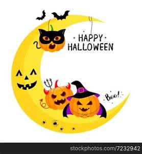 Funny cute cartoon pumpkin character. Happy Halloween day concept. Design for banner, poster, greeting card. Illustration.