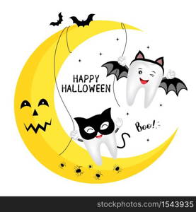 Funny cute cartoon tooth character. black cat and bat, happy Halloween day concept. Design for banner, poster, greeting card. Illustration.