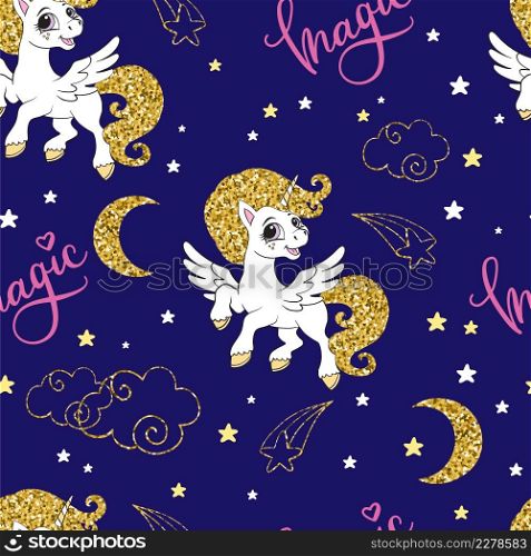 Funny cute cartoon unicorn with golden mane and tail and lettering on blue background. Seamless pattern. Vector illustration. For print, wrapping paper, linen, design and decor.. Seamless pattern cute cartoon unicorn with golden mane