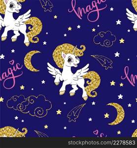 Funny cute cartoon unicorn with golden mane and tail and lettering on blue background. Seamless pattern. Vector illustration. For print, wrapping paper, linen, design and decor.. Seamless pattern cute cartoon unicorn with golden mane