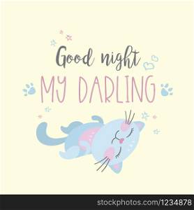 Funny cute cat and phrase- good night my darling,vector illustration