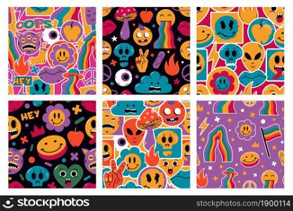 Funny cute comic stickers characters seamless patterns. Cartoon cute emoji vector background illustrations. Hand drawn comic shapes patterns. Comic background fashion contemporary, stickers pattern. Funny cute comic stickers characters abstract seamless patterns. Cartoon cute doodle emoji vector background illustrations. Hand drawn comic shapes patterns