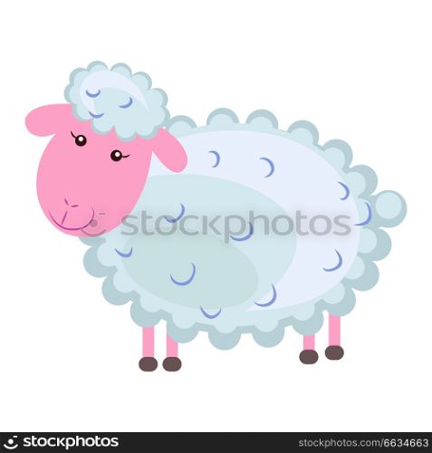 Funny cute curly lamb or sheep flat vector cartoon sticker outlined with dotted line isolated on white background. Domestic animal or pet illustration for game counters, price tags. Cute sheep Cartoon Flat Vector Sticker or Icon