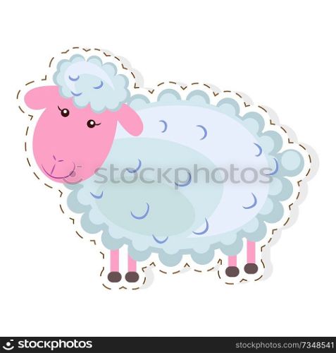 Funny cute curly lamb or sheep flat vector cartoon sticker outlined with dotted line isolated on white background. Domestic animal or pet illustration for game counters, price tags. Cute sheep Cartoon Flat Vector Sticker or Icon