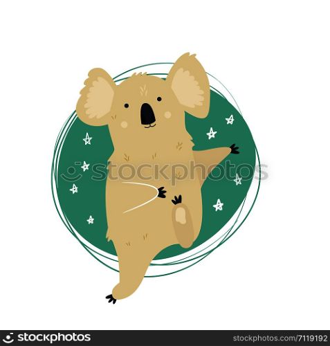 Funny cute dancing koala. Vector illustration. For greetings cards, decorations, prints, banners. Funny cute dancing koala. Vector illustration