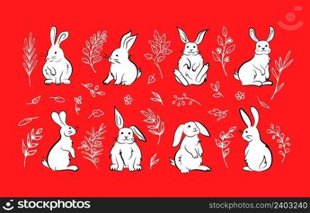 Funny cute Easter bunnies in various sitting poses, white hand drawn cartoon animals. White outlines of decorative fantasy herbs on red background. Doodle designs for prints, coloring book clip art. White cartoon bunnies and white outline twigs