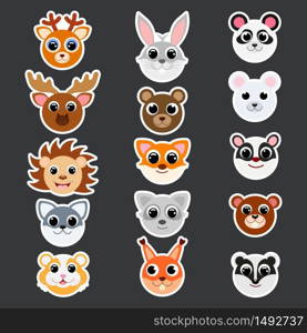 Funny cute forest animals head stickers. Cartoon characters. Flat vector stock illustration. Cute deer, hare, fox, wolf, bear, hedgehog, hamster, squirrel, raccoon, beaver, skunk, badger, moose.
