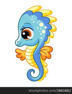 Funny cute happy seahorse. Sea creatures. Cartoon marine animal character. Vector illustration isolated on white background. For children apparel, print and design, poster, card, sticker, decor. Funny cute little seahorse vector isolated illustration