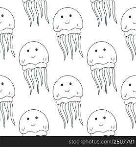 Funny cute jellyfish seamless pattern vector illustration. Background marine life coloring book. Template ocean underwater characters smile. Model for baby fabric, wallpaper, things and design. Funny cute jellyfish seamless pattern vector illustration