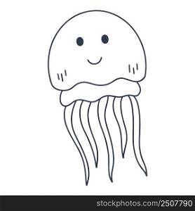Funny cute jellyfish smiling outline drawing doodle illustration. Sea life coloring book. Isolated sea underwater character. Decoration for baby things vector. Funny cute jellyfish smiling outline drawing doodle illustration