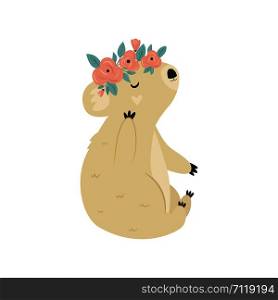 Funny cute koala in floral wreath. Vector illustration. For greetings cards, decorations, prints, banners. Funny cute koala in floral wreath. Vector illustration