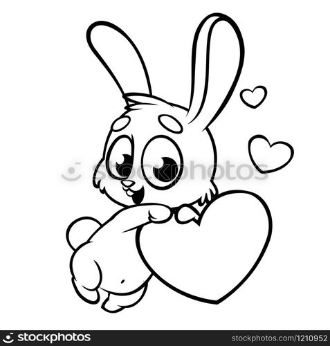 Funny cute outlined bunny with heart love vector cartoon. Coloring illustration can be used as print or card for St Valentines Day