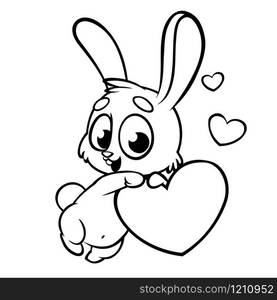 Funny cute outlined bunny with heart love vector cartoon. Coloring illustration can be used as print or card for St Valentines Day