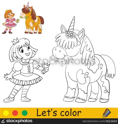 Funny cute princess with a unicorn. Halloween concept. Coloring book page for children with colorful template. Vector cartoon illustration. For print, preschool education and game. Coloring with template Halloween princess with a unicorn