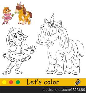 Funny cute princess with a unicorn. Halloween concept. Coloring book page for children with colorful template. Vector cartoon illustration. For print, preschool education and game. Coloring with template Halloween princess with a unicorn