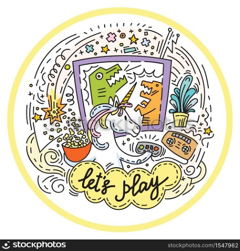Funny cute unicorn enjoy to playing video game. Let&rsquo;s play. Clorful vector humor character in doodle style. Isolated illustration for stickers, design cushion, clock, card, design, print, t-shirts and decoration.