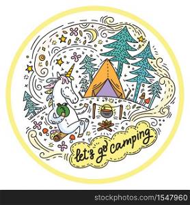 Funny cute unicorn in good mood enjoy camping. Vector humor character in doodle style.Colorful isolated illustration for stickers, design cushion, clock, card, design, print, t-shirts and decoration.