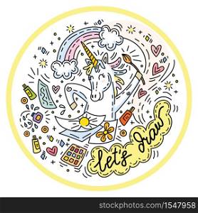 Funny cute unicorn in good mood enjoy drawing. Colorful vector humor character in doodle style in circle composition.For stickers,design cushion,clock,card,design,print,t-shirts and decoration.