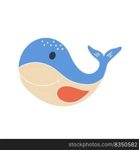 Funny cute whale baby character isolated vector. Sea fish doodle style color icon. Flat decoration sea animal for kids clothing design and room interior