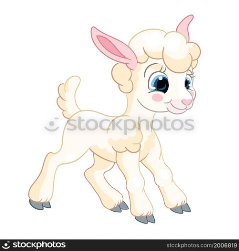 Funny cute white lamb. Cartoon little sheep character. Vector isolated illustration. For postcard, posters, nursery design, greeting card, stickers, decor, kids apparel, invitation and embroidery. Little cute funny character vector standing lamb