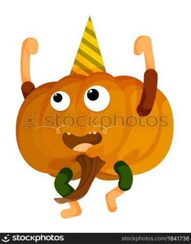 funny dancing pumpkin party boy. Thanksgiving autumn harvest. Autumn Halloween pumpkins. Edible plants. Isolated vector on white background in cartoon style