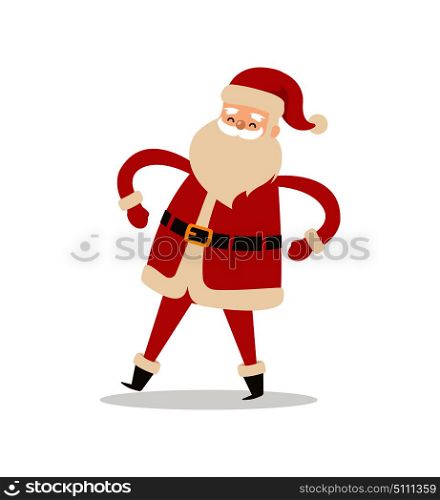 Funny dancing Santa Claus icon isolated on white background. Vector illustration with Santa in traditional red costume and hat with fluffy bubo. Funny Dancing Santa Claus Vector Illustration