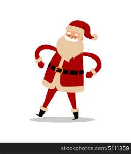 Funny dancing Santa Claus icon isolated on white background. Vector illustration with Santa in traditional red costume and hat with fluffy bubo. Funny Dancing Santa Claus Vector Illustration