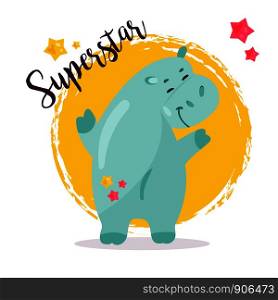 Funny dancing Superstar hippo. Happy animal. Funny dancing Superstar hippo