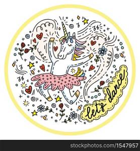 Funny dancing unicorn in skirt. Vector humor character in doodle style.Colorful isolated illustration for apparel, stickers, design cushion, clock, card, design, print, t-shirts and decoration.Pastel colors