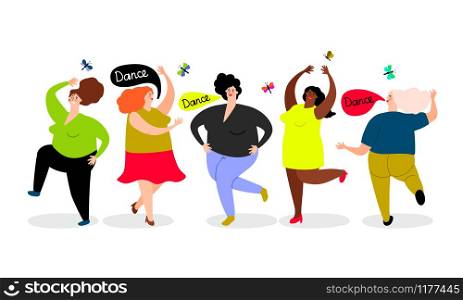 Funny dancing woman cartoon icons set on white background, vector illustration. Funny dancing women set