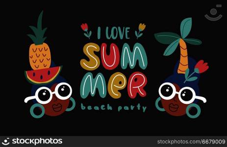 Funny dark skinned girl with an exotic hairstyle. Vector templates with fun summer illustration. Design element for summer concept and other use.. I love summer. Vector templates with fun summer illustration. Design element for summer concept and other use.