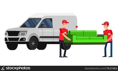 Funny Delivery character man movers carry sofa in a truck. Vector detailed illustration isolated on white background.. Funny pizza delivery boy