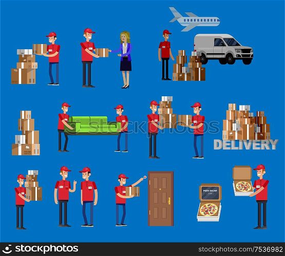Funny Delivery character man. Vector detailed illustration. Funny pizza delivery boy Funny Delivery character man