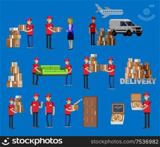 Funny Delivery character man. Vector detailed illustration. Funny pizza delivery boy Funny Delivery character man