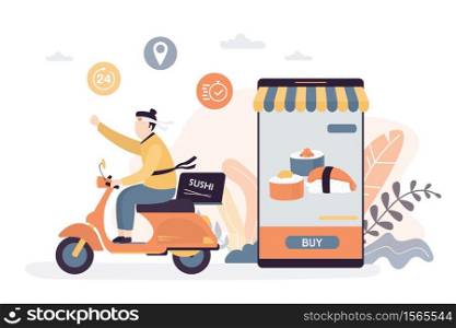 Funny delivery man ride motorbike. Courier dressed as samurai. Fast delivery concept background. Internet order of sushi. Traditional asian food. Smartphone with food order service application. Vector illustration