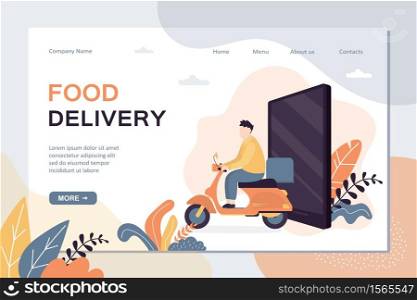 Funny delivery man ride motorbike. Young handsome courier worker. Fast supply concept background. Delivery of goods from online stores landing page template. Trendy style vector illustration