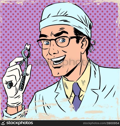 Funny dentist pulled out a tooth pop art retro comic. Funny dentist pulled out a tooth. Pop art retro comic book. Male health medicine. The effect of old paper