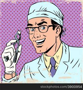 Funny dentist pulled out a tooth pop art retro comic. Funny dentist pulled out a tooth. Pop art retro comic book. Male health medicine. The effect of old paper