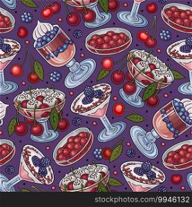Funny desserts and sweets with berries seamless pattern. Vector cartoon hand drawn colorful food illustration.. Funny desserts and sweets with berries seamless pattern.