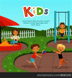Funny different kids playing on playground. Childhood and child in kindergarten, vector illustration. Funny different kids playing on playground