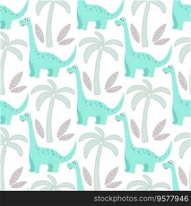 Funny dinosaurs and palm trees seamless pattern. Baby background with cute dino. Character and foliage print for kid textile, wallpaper, paper, packaging and design, vector illustration. Funny dinosaurs and palm trees seamless pattern