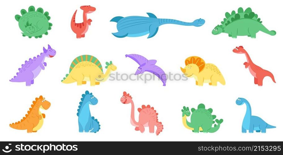 Funny dinosaurs. Colourful dinosaur print, dino cute for kids. Isolated cartoon prehistoric animals. Girls boys stegosaurus decent vector characters. Illustration dinosaur and tyrannosaurus. Funny dinosaurs. Colourful dinosaur print, dino cute for kids. Isolated cartoon prehistoric animals. Girls boys stegosaurus decent vector characters