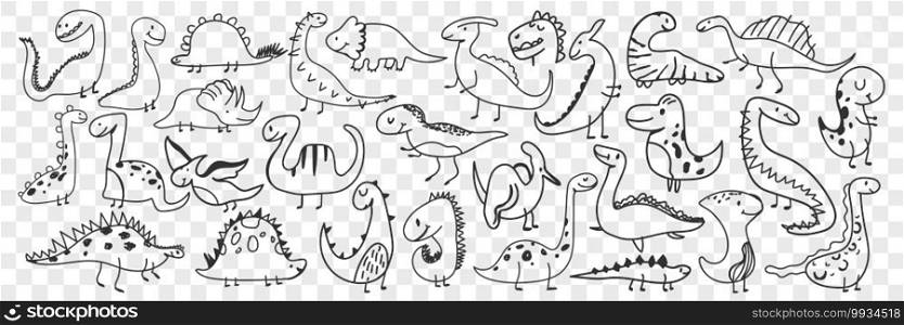 Funny dinosaurs doodle set. Collection of hand drawn funny cute dinosaur of various shapes and ages enjoying life feeling happy isolated on transparent background. Illustration of dinosaur for kids. Funny dinosaurs animals doodle set