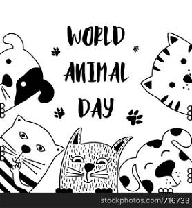 Funny dog and cute cat best friends. World animal day. Doodle style. Vector illustration.